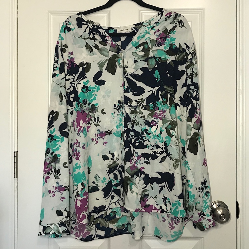 White Blouse w/ Purple & Teal Floral Pattern